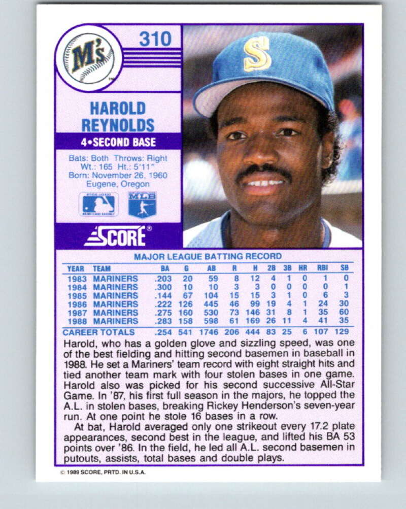 1989 Score #310 Harold Reynolds Mint Seattle Mariners