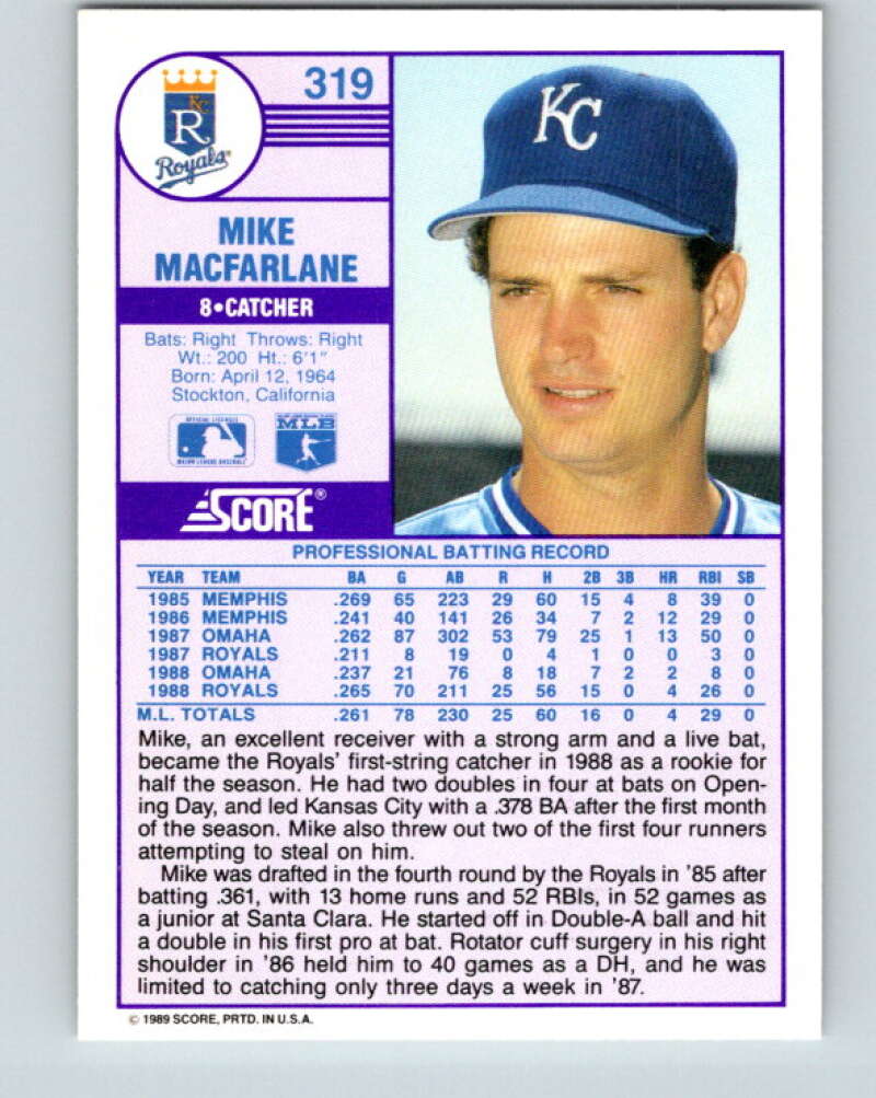 1989 Score #319 Mike Macfarlane Mint RC Rookie Kansas City Royals