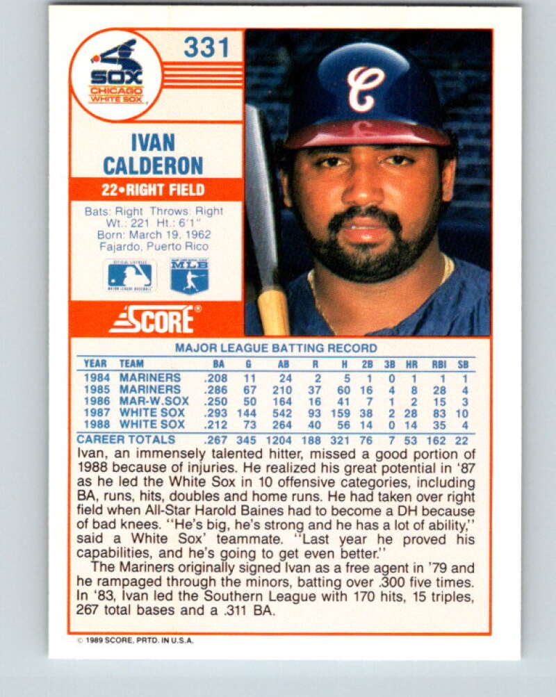 1989 Score #331 Ivan Calderon Mint Chicago White Sox