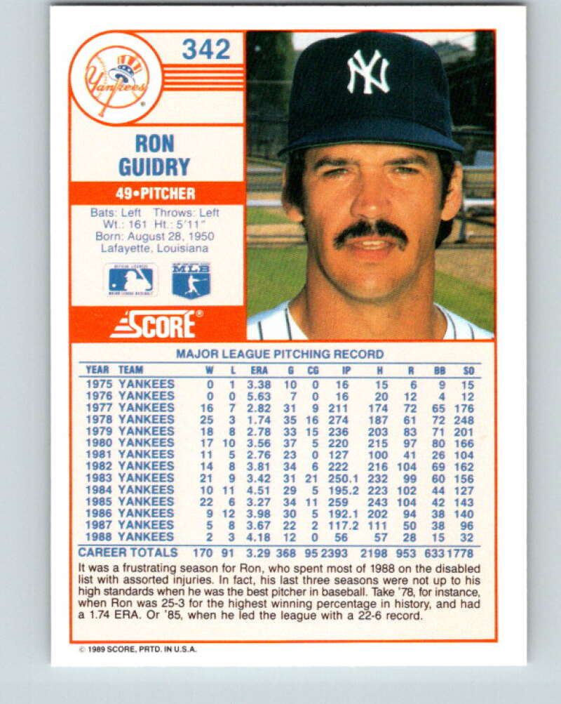 1989 Score #342 Ron Guidry Mint New York Yankees