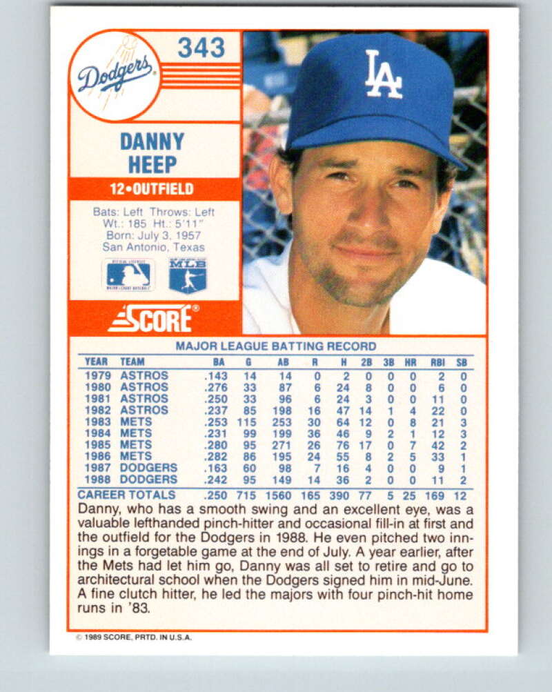 1989 Score #343 Danny Heep Mint Los Angeles Dodgers