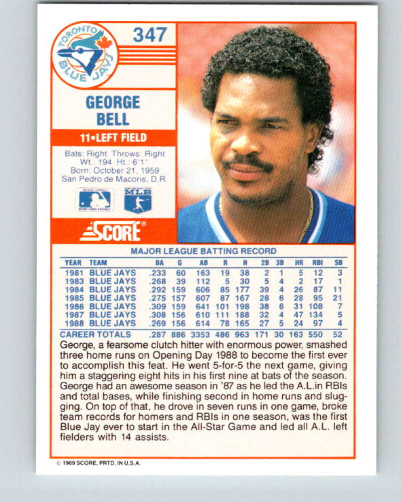 1989 Score #347 George Bell Mint Toronto Blue Jays