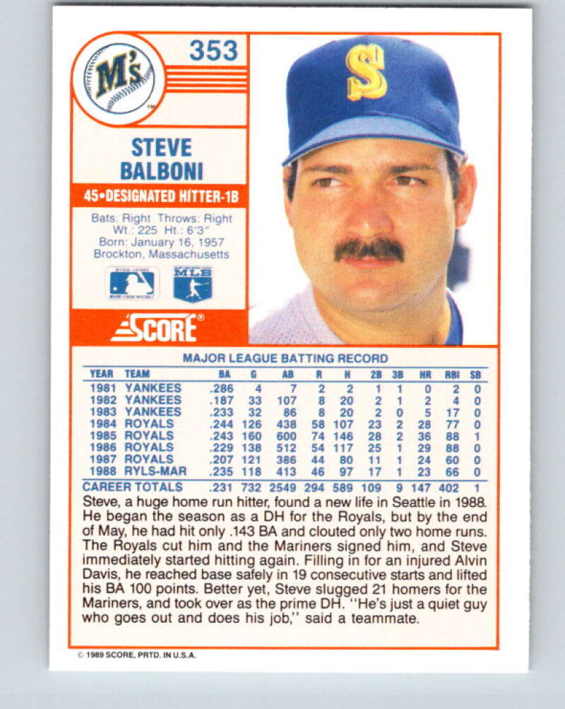 1989 Score #353 Steve Balboni Mint Seattle Mariners