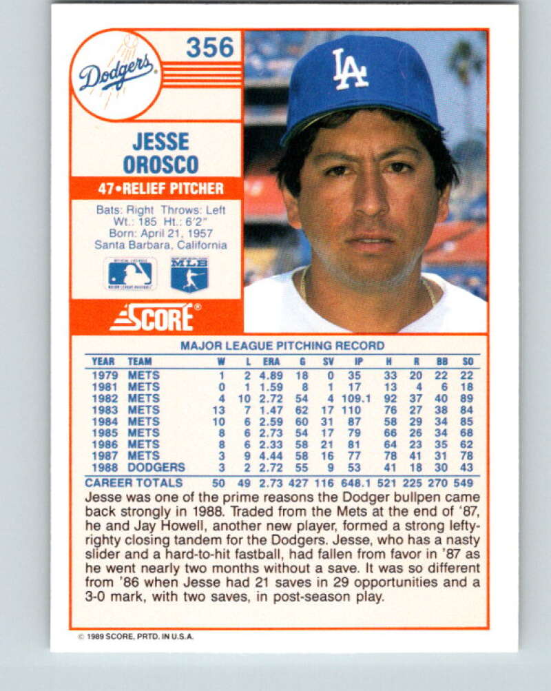 1989 Score #356 Jesse Orosco Mint Los Angeles Dodgers