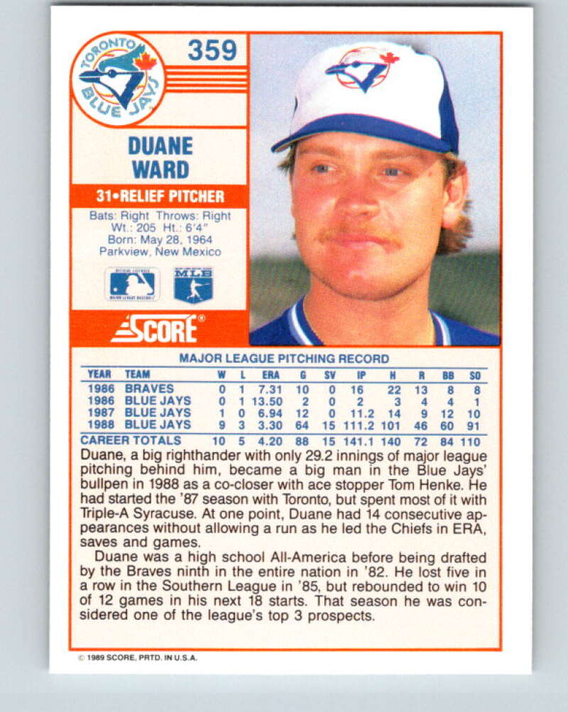 1989 Score #359 Duane Ward Mint Toronto Blue Jays