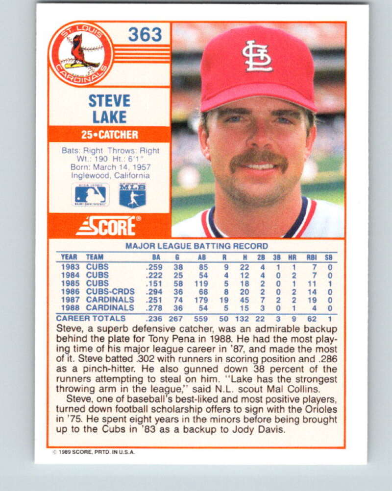 1989 Score #363 Steve Lake Mint St. Louis Cardinals