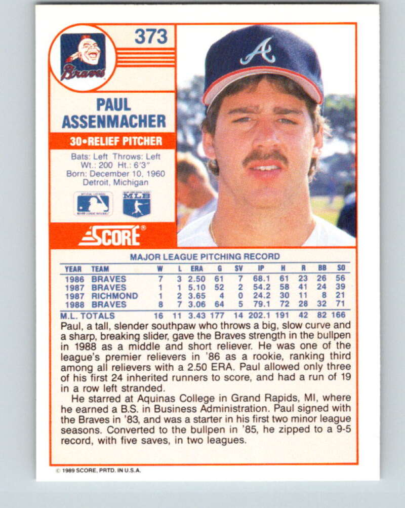 1989 Score #373 Paul Assenmacher Mint Atlanta Braves