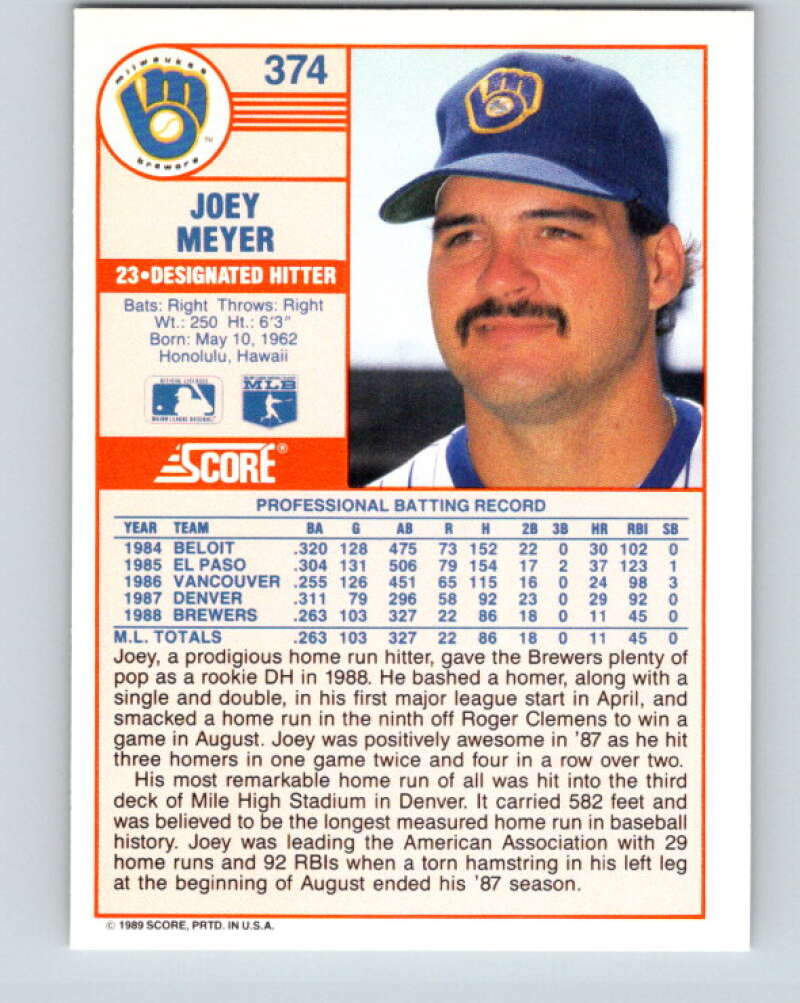 1989 Score #374 Joey Meyer Mint Milwaukee Brewers