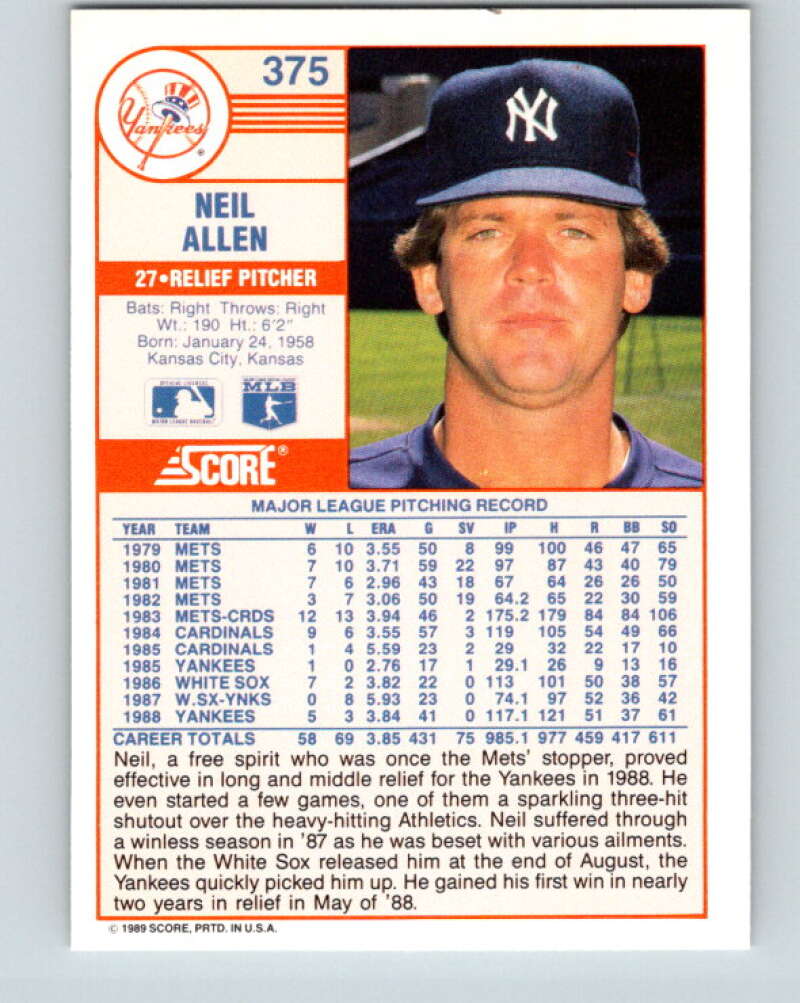 1989 Score #375 Neil Allen Mint New York Yankees