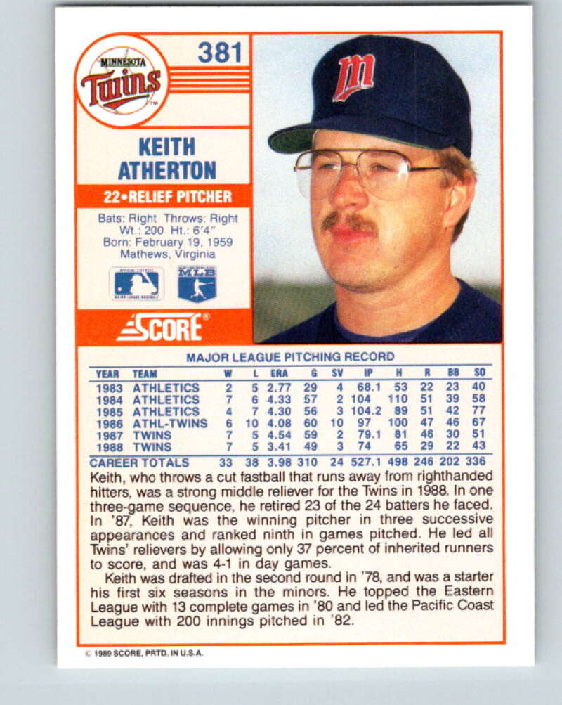 1989 Score #381 Keith Atherton Mint Minnesota Twins
