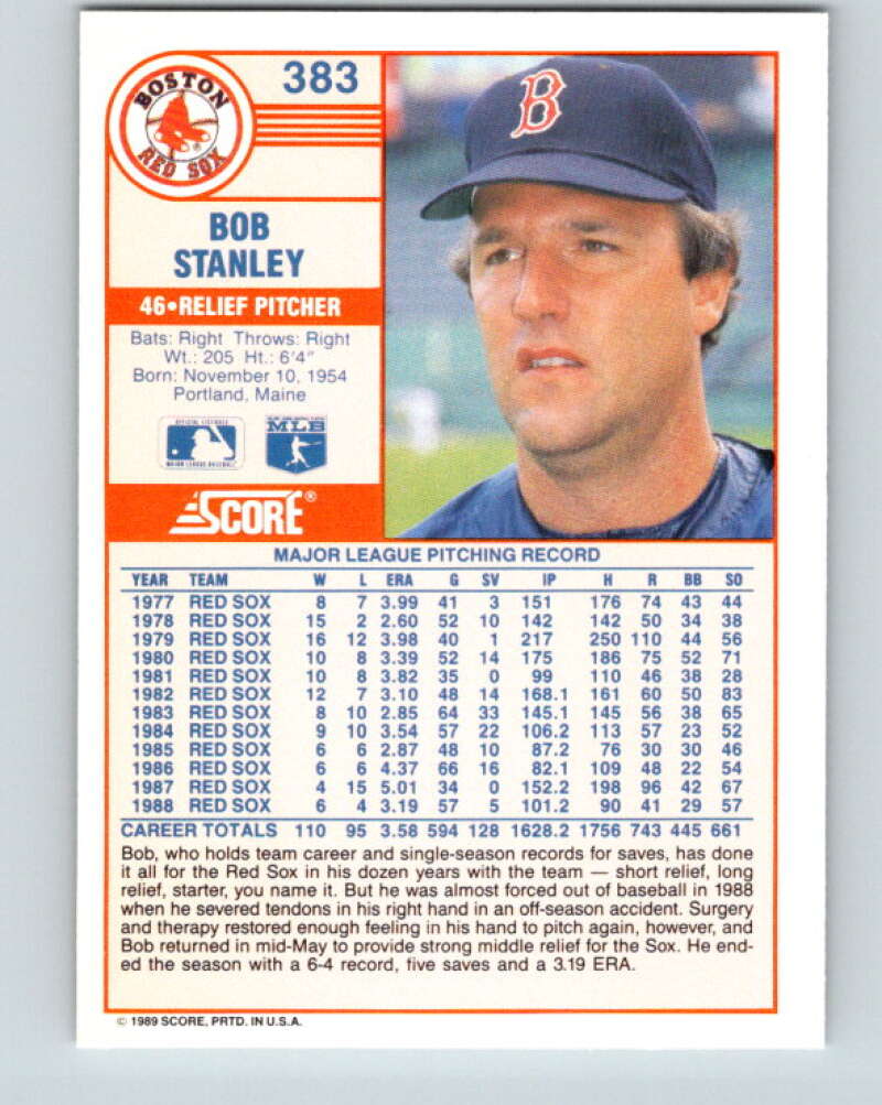 1989 Score #383 Bob Stanley Mint Boston Red Sox