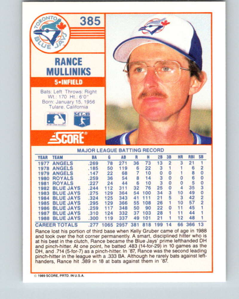 1989 Score #385 Rance Mulliniks Mint Toronto Blue Jays