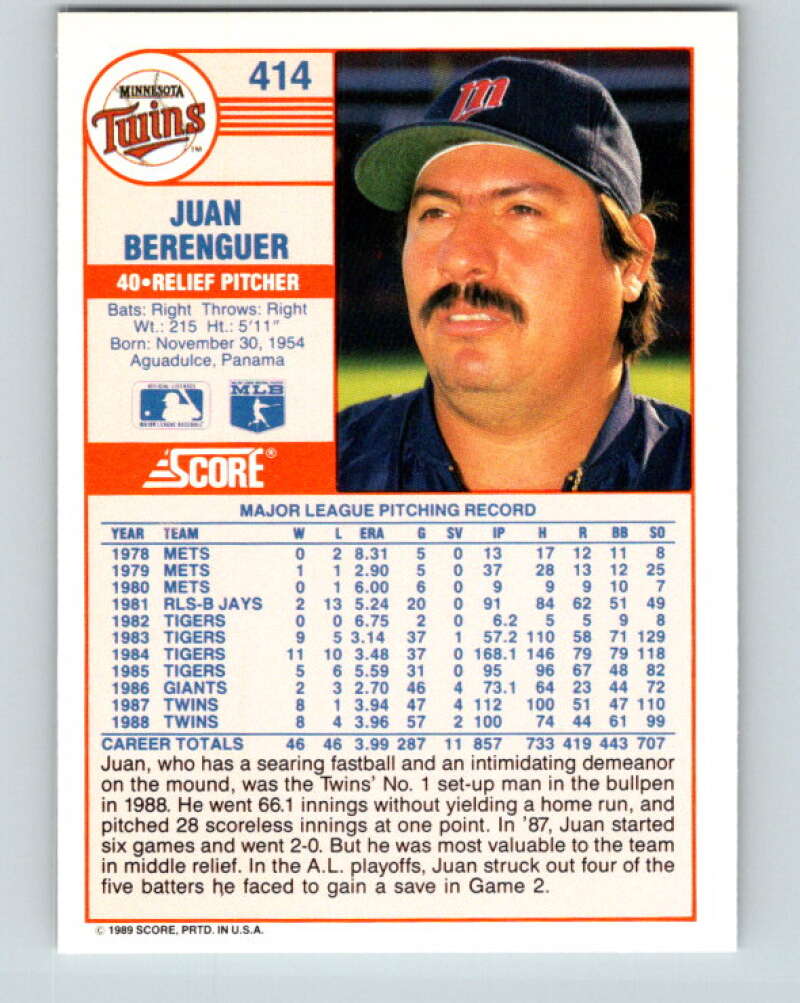 1989 Score #414 Juan Berenguer Mint Minnesota Twins