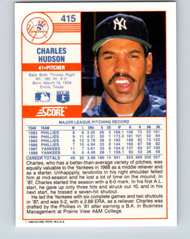 1989 Score #415 Charles Hudson Mint New York Yankees