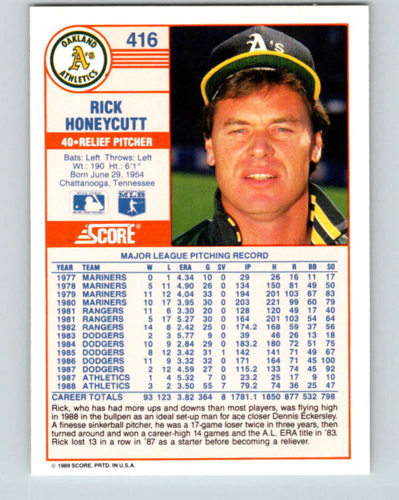 1989 Score #416 Rick Honeycutt Mint Oakland Athletics