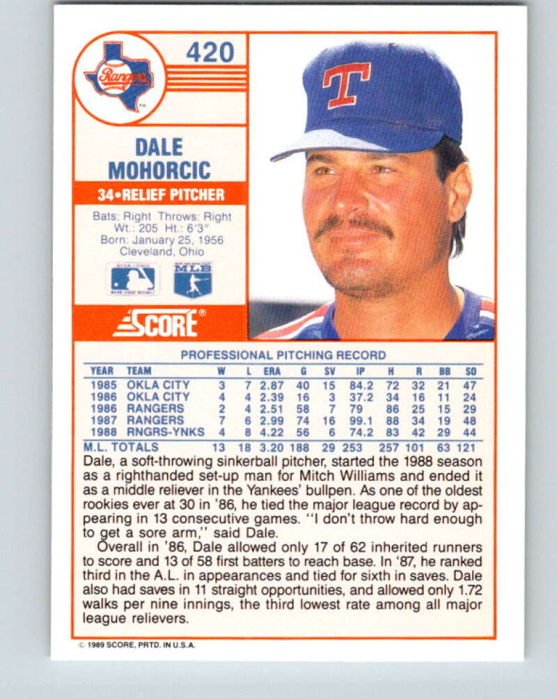 1989 Score #420 Dale Mohorcic Mint Texas Rangers