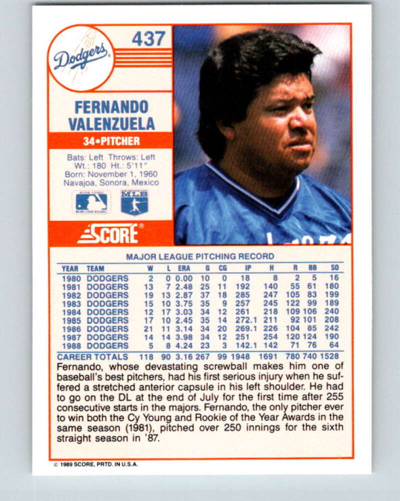 1989 Score #437 Fernando Valenzuela Mint Los Angeles Dodgers
