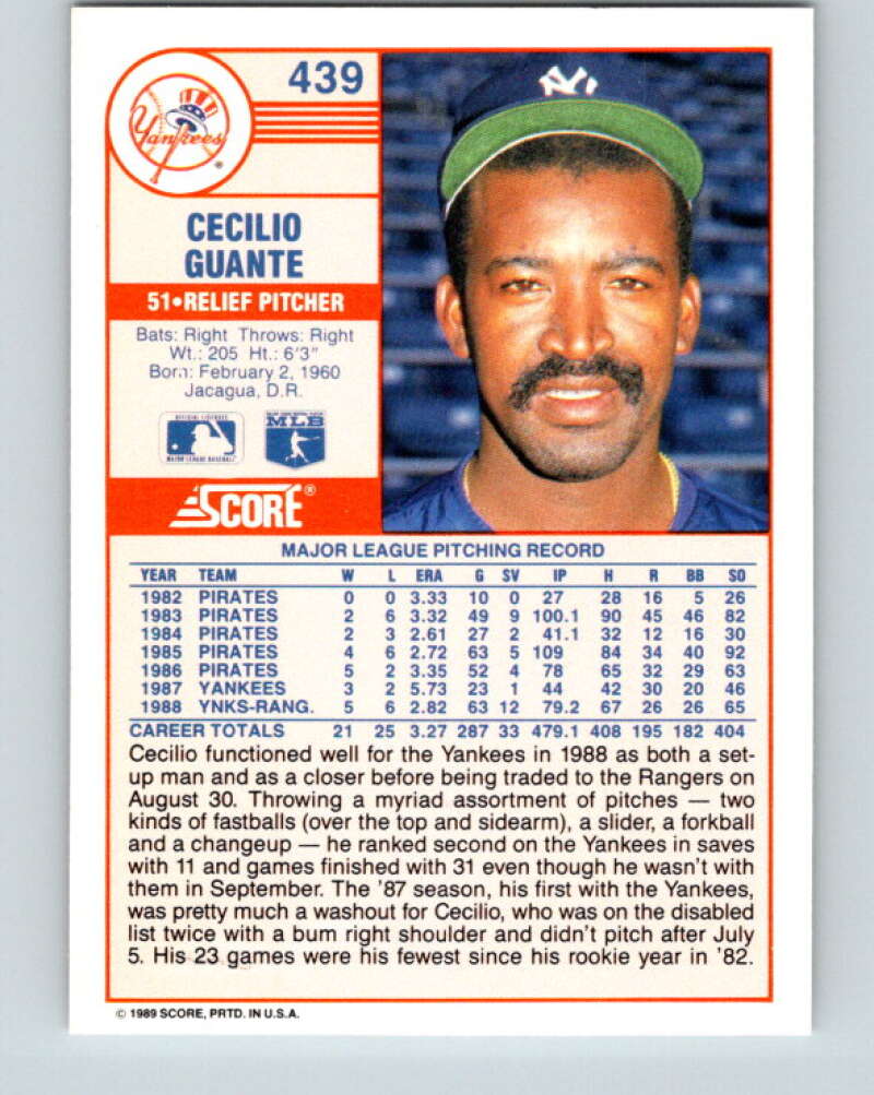 1989 Score #439 Cecilio Guante Mint New York Yankees
