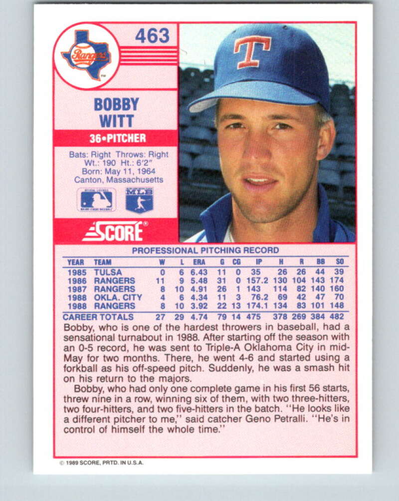 1989 Score #463 Bobby Witt Mint Texas Rangers