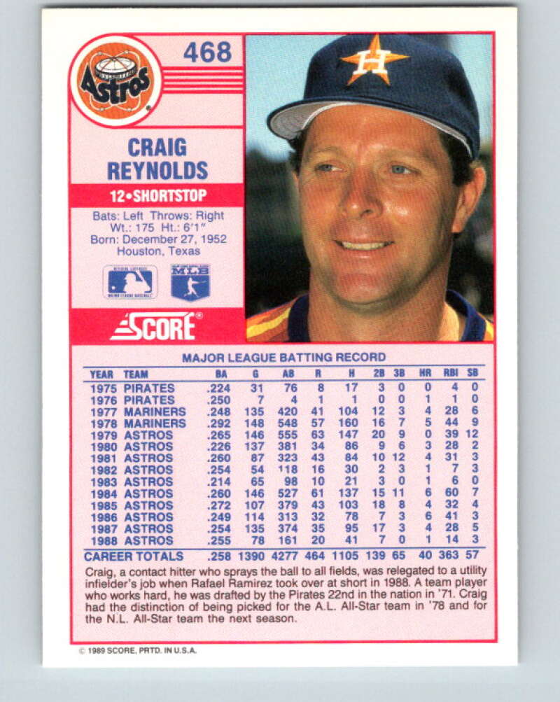 1989 Score #468 Craig Reynolds Mint Houston Astros