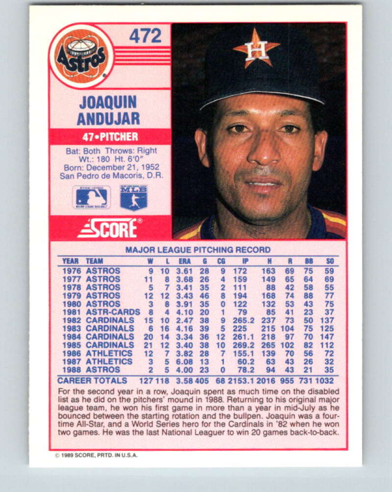 1989 Score #472 Joaquin Andujar Mint Houston Astros