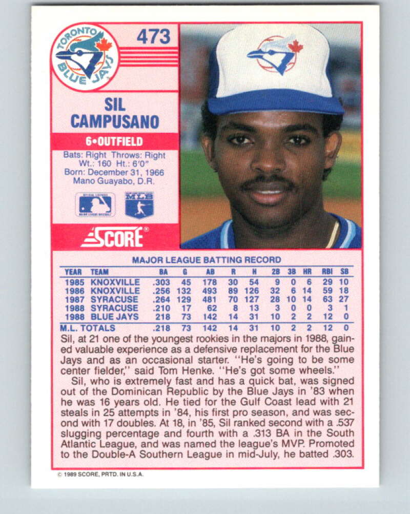 1989 Score #473 Sil Campusano Mint RC Rookie Toronto Blue Jays