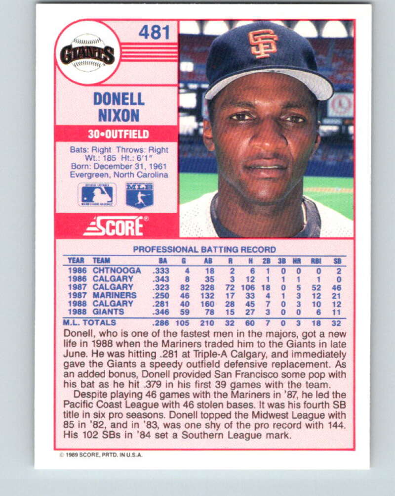 1989 Score #481 Donell Nixon Mint San Francisco Giants