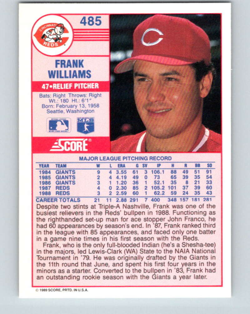 1989 Score #485 Frank Williams Mint Cincinnati Reds
