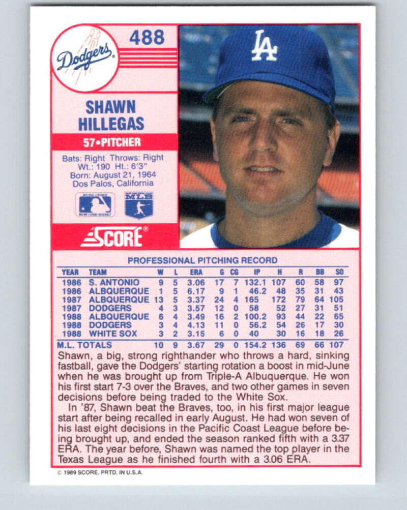 1989 Score #488 Shawn Hillegas Mint Los Angeles Dodgers