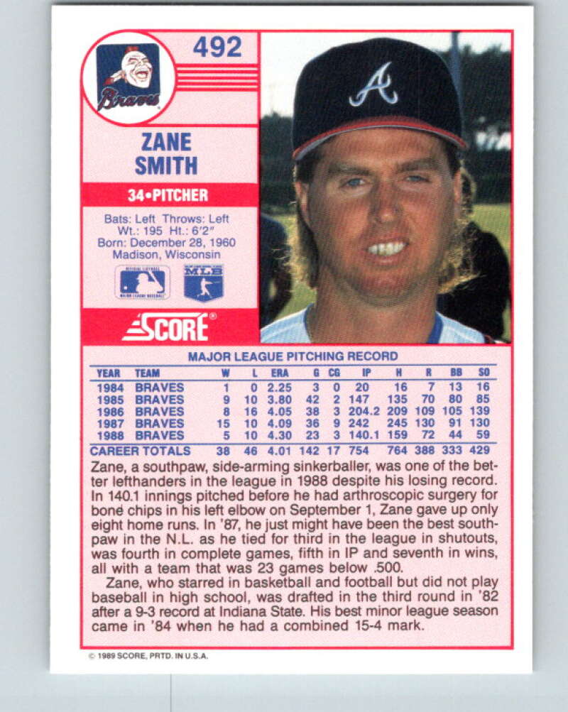 1989 Score #492 Zane Smith Mint Atlanta Braves