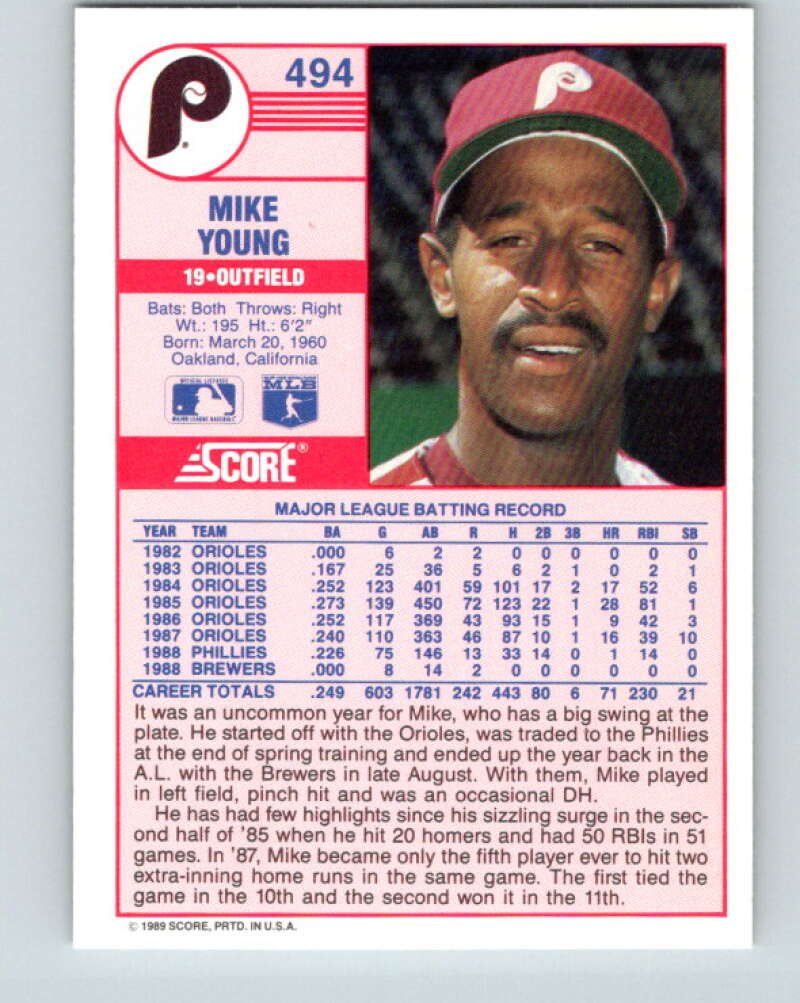 1989 Score #494 Mike Young Mint Philadelphia Phillies