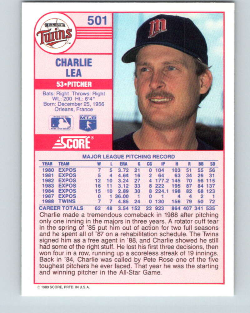 1989 Score #501 Charlie Lea Mint Minnesota Twins