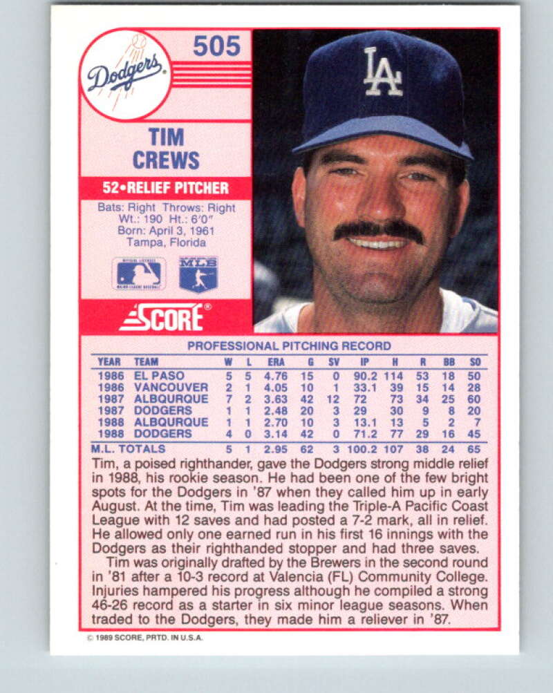 1989 Score #505 Tim Crews Mint Los Angeles Dodgers