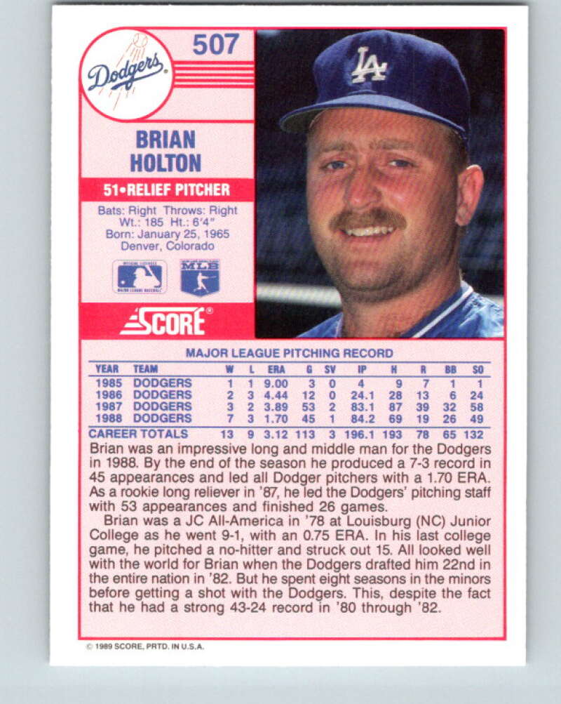 1989 Score #507 Brian Holton ERR Mint Los Angeles Dodgers