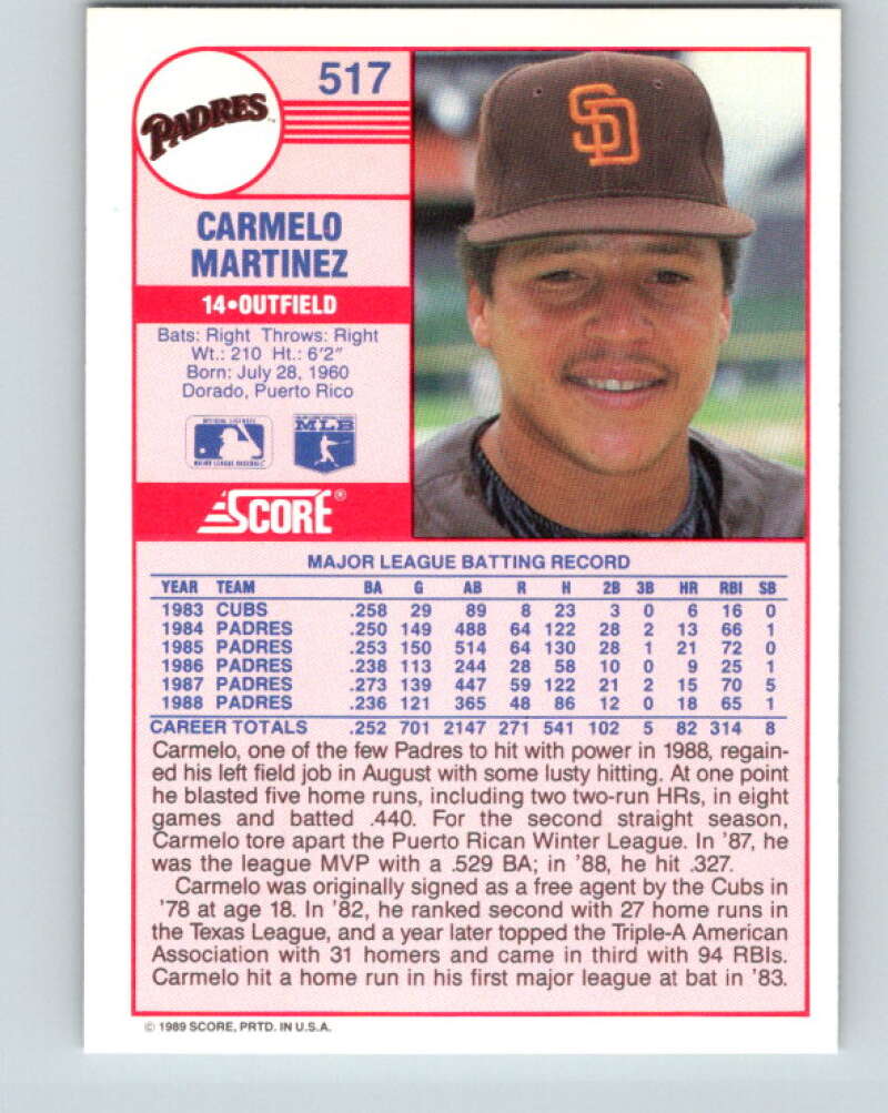 1989 Score #517 Carmelo Martinez Mint San Diego Padres