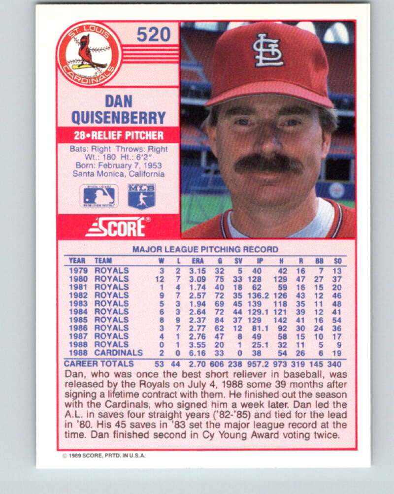 1989 Score #520 Dan Quisenberry Mint St. Louis Cardinals
