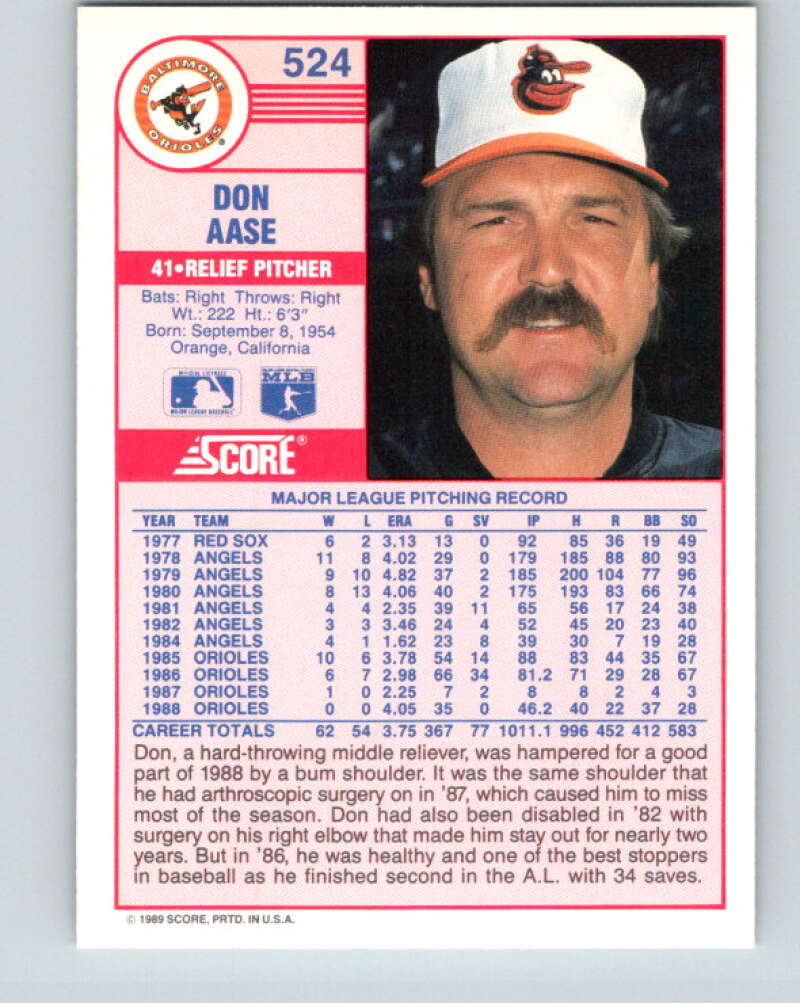 1989 Score #524 Don Aase Mint Baltimore Orioles