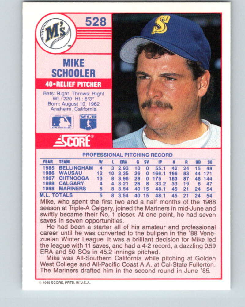 1989 Score #528 Mike Schooler Mint Seattle Mariners