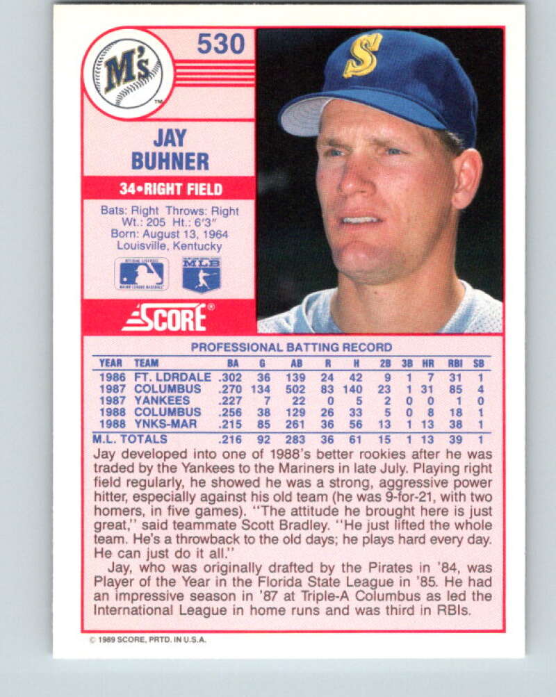 1989 Score #530 Jay Buhner Mint Seattle Mariners