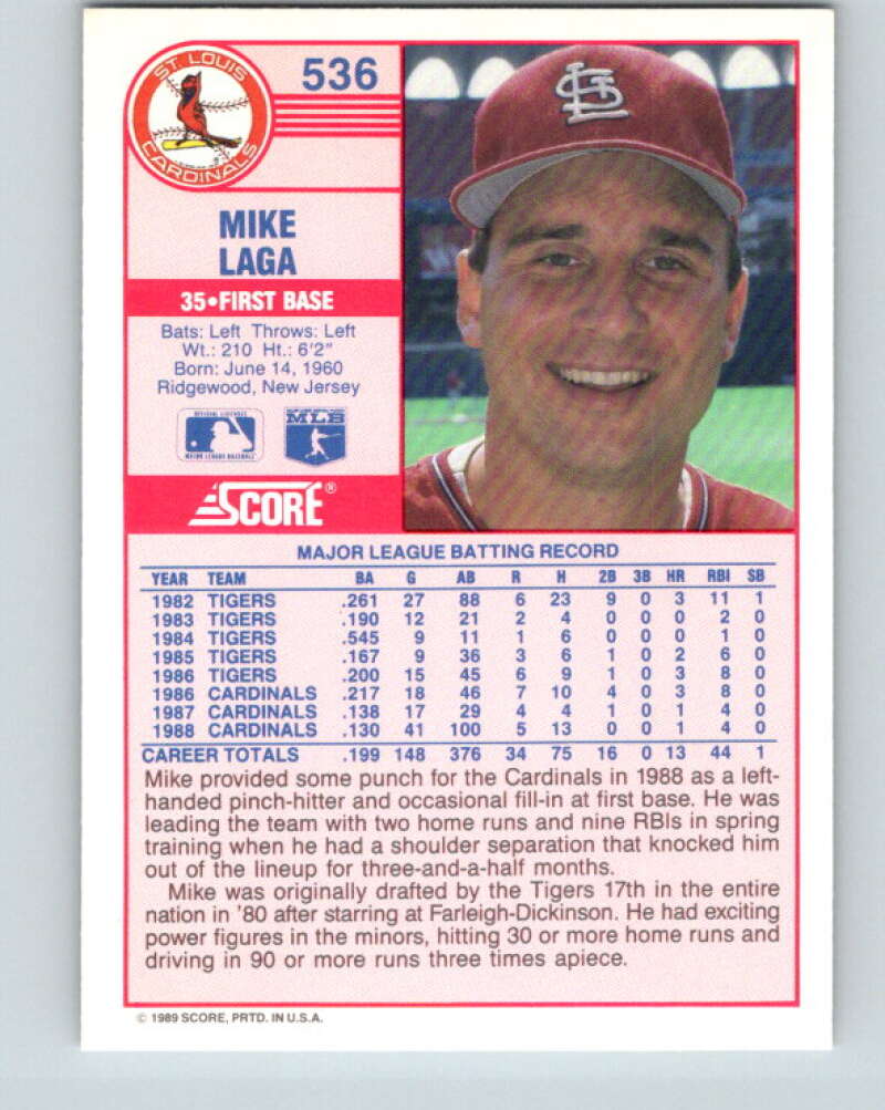 1989 Score #536 Mike Laga Mint St. Louis Cardinals