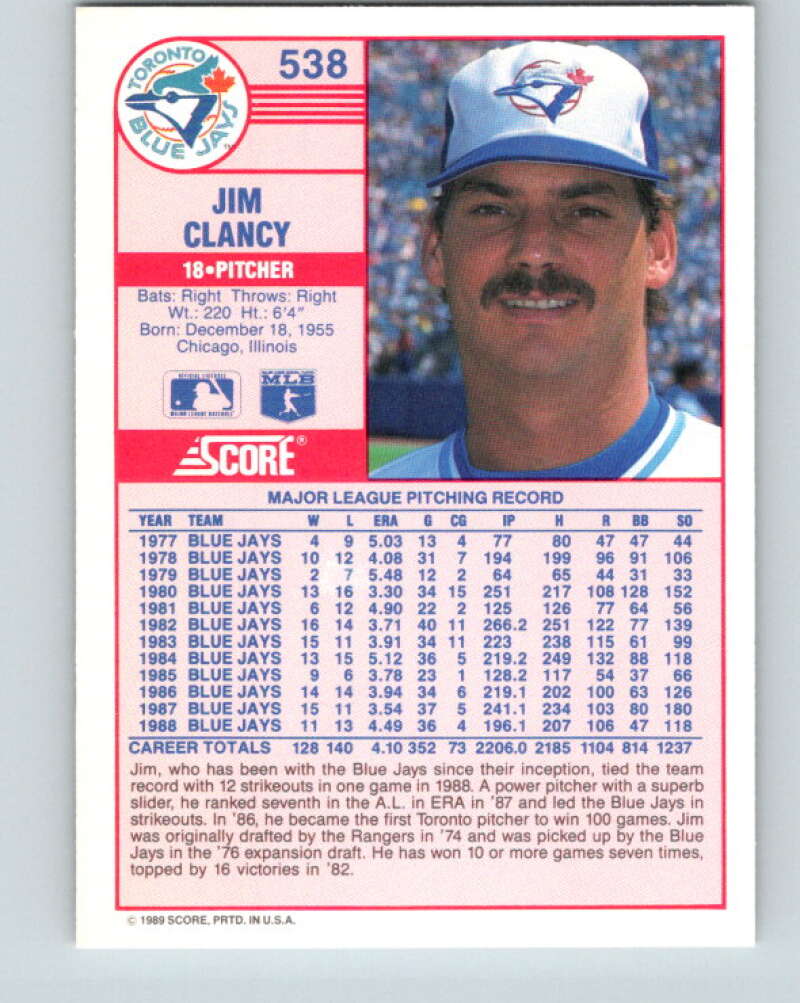 1989 Score #538 Jim Clancy Mint Toronto Blue Jays