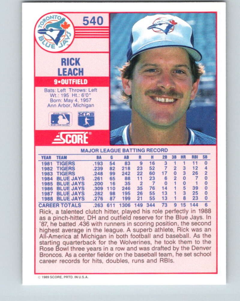 1989 Score #540 Rick Leach Mint Toronto Blue Jays