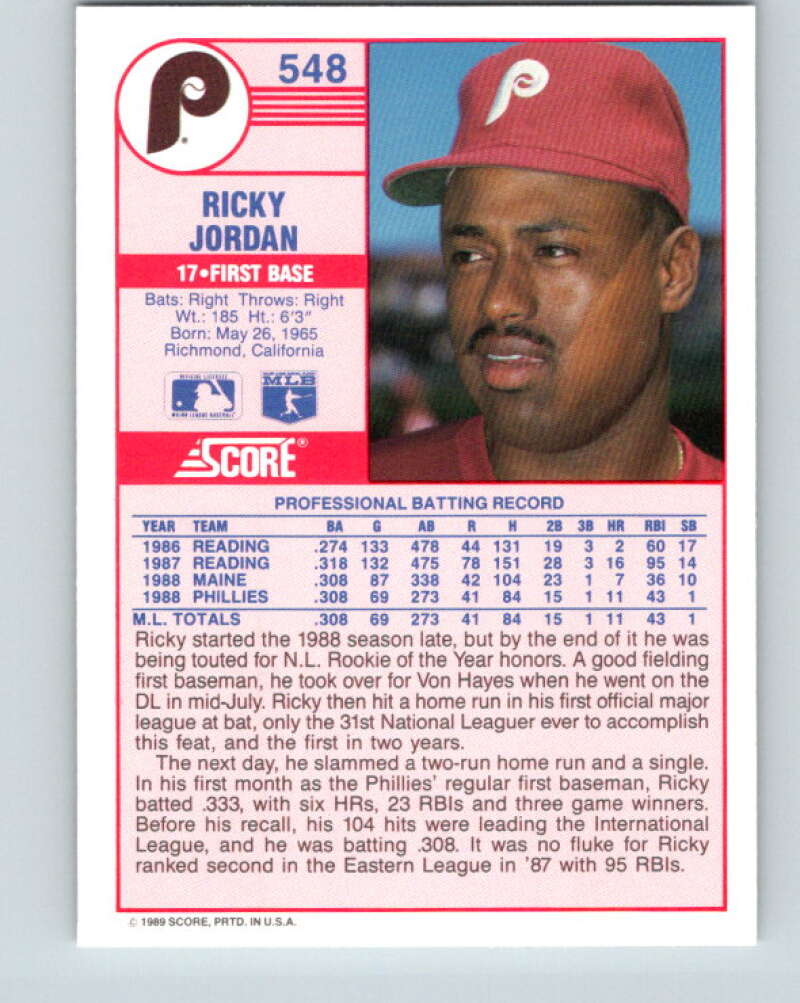 1989 Score #548 Ricky Jordan Mint Philadelphia Phillies