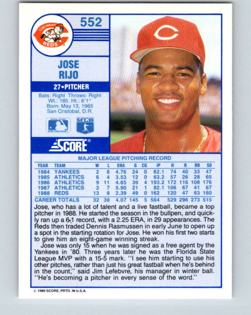 1989 Score #552 Jose Rijo ERR Mint Cincinnati Reds