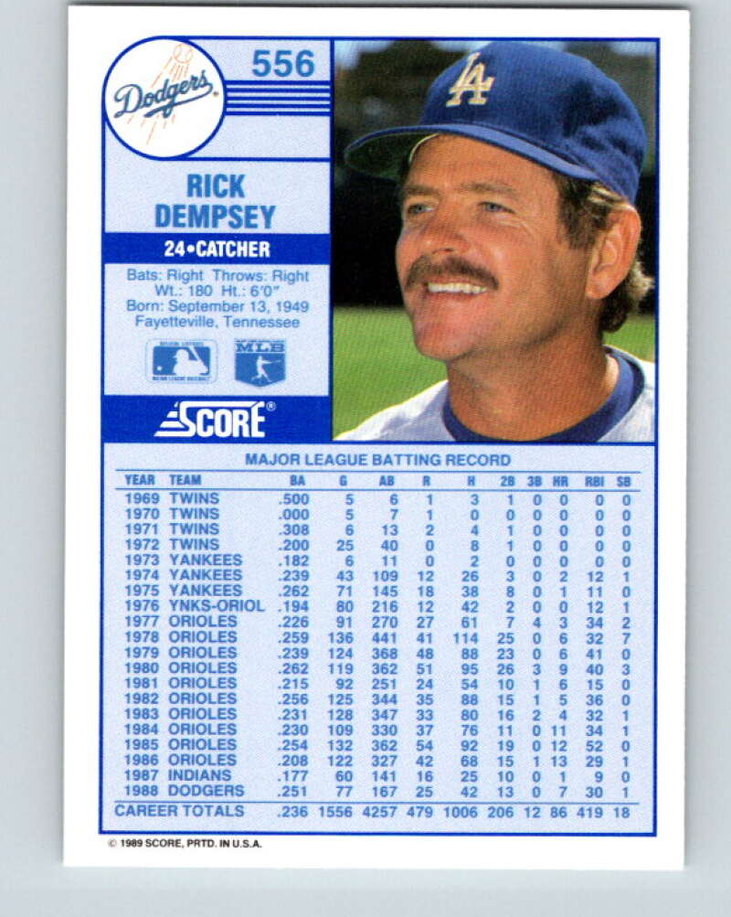 1989 Score #556 Rick Dempsey Mint Los Angeles Dodgers