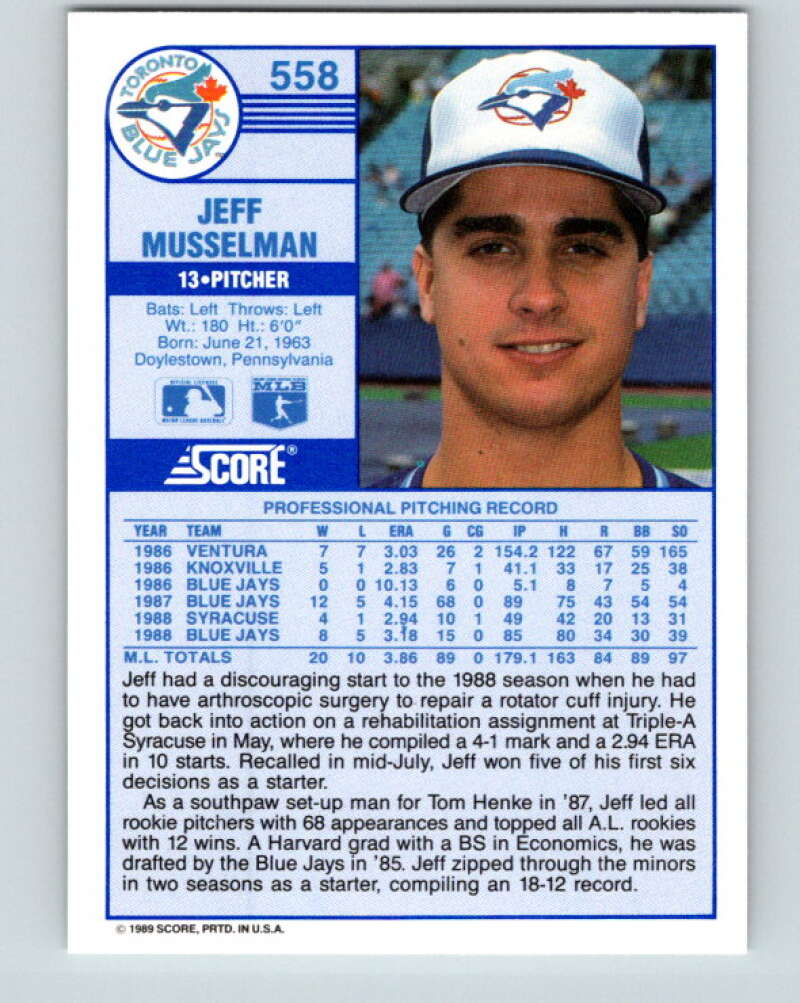 1989 Score #558 Jeff Musselman Mint Toronto Blue Jays