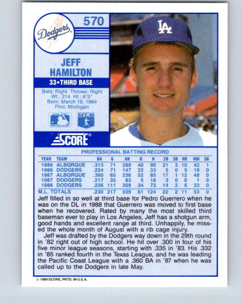 1989 Score #570 Jeff Hamilton Mint Los Angeles Dodgers