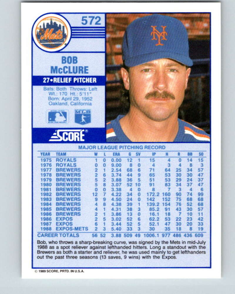1989 Score #572 Bob McClure Mint New York Mets