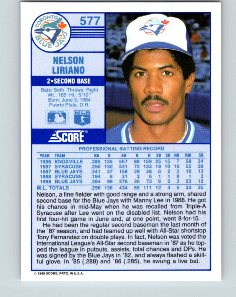1989 Score #577 Nelson Liriano Mint Toronto Blue Jays