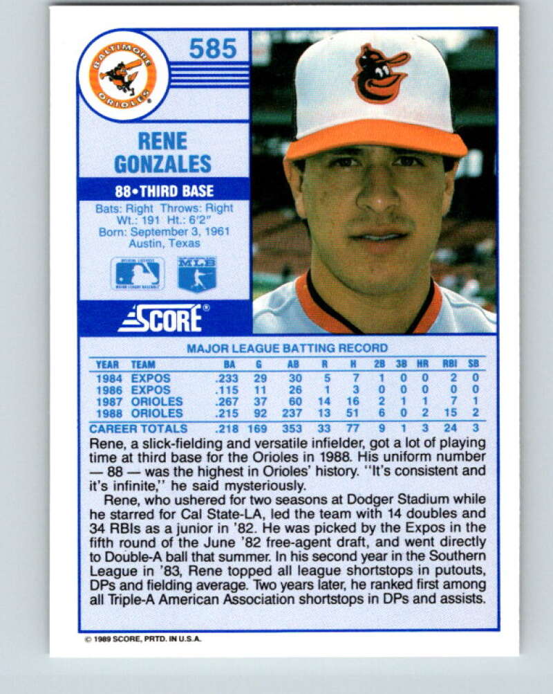 1989 Score #585 Rene Gonzales Mint Baltimore Orioles